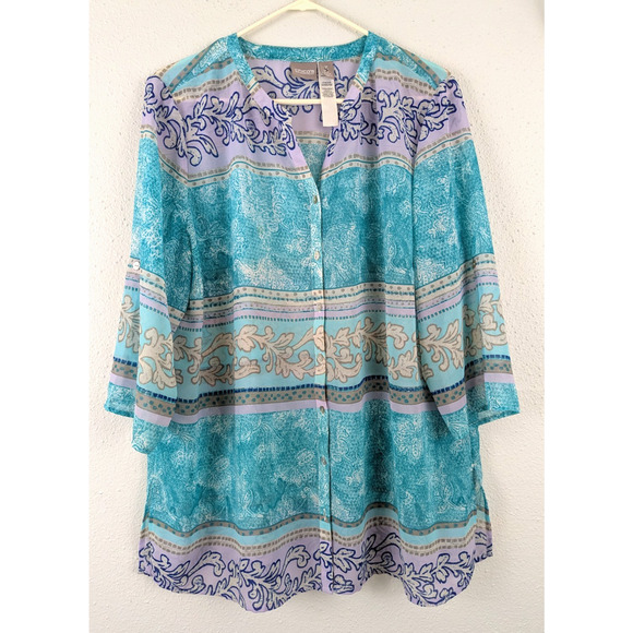 Chico's sz 3 Sheer Shirt not lined buttons Market Place Stripe Tunic 1098 - Picture 1 of 5
